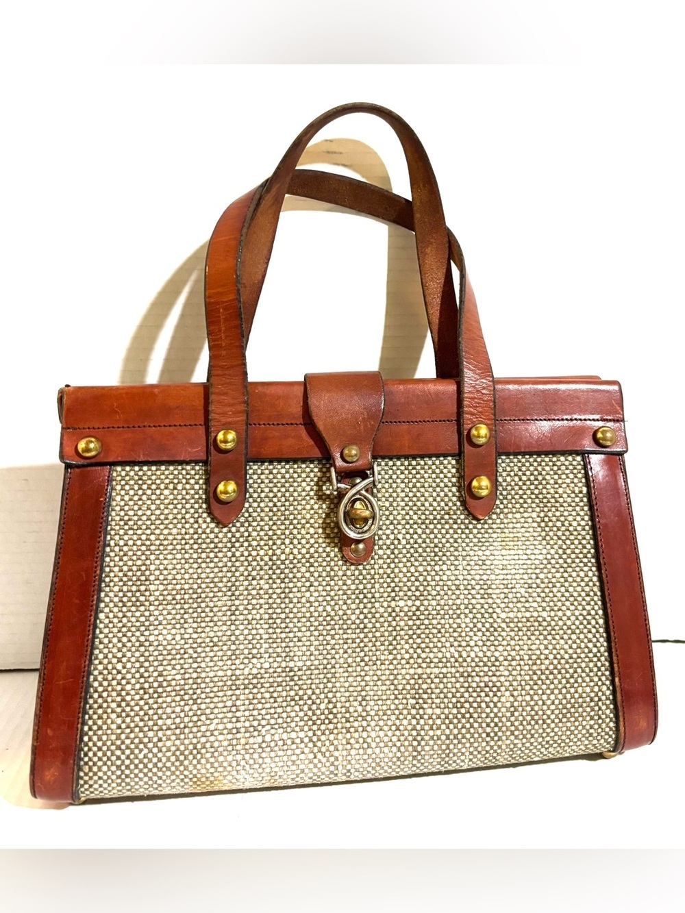 Vintage Brown Leather- Trim Straw Tote Bag